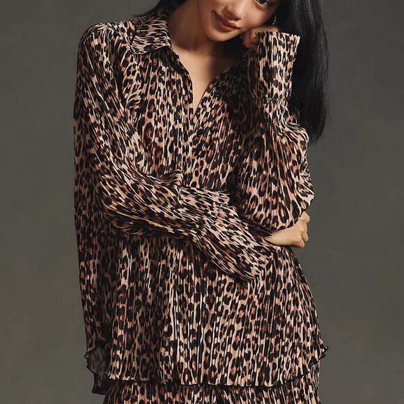 Anthropologie Good American Leopard Plisse Pleated Button Up Shirt 00/0 - Picture 3 of 12